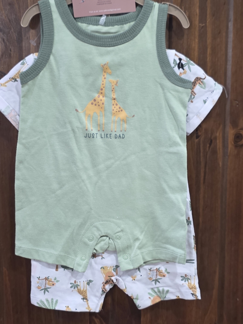 chick pea Sage Green Sleeveless Romper with Yellow Giraffe Print